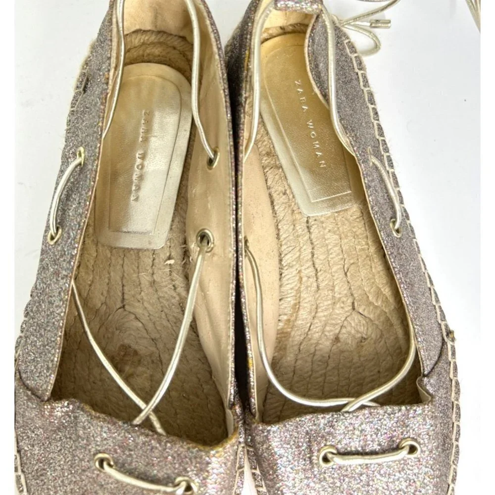 Zara Woman Sparkly Lace Up Flat Espadrilles Size 8